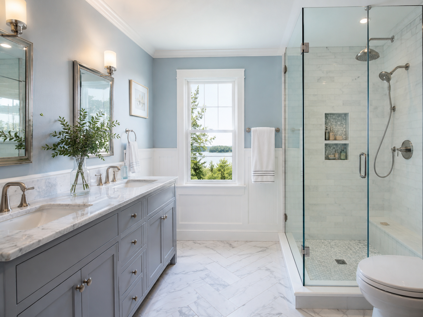 Pink bathroom with a toilet and a roll-in shower with grab bars and a fold-down seat