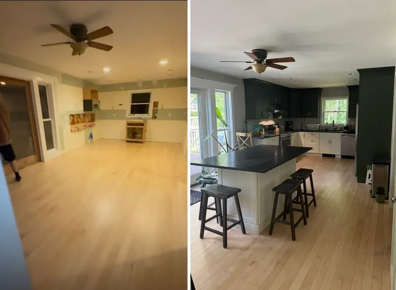 Split-view of a modern kitchen and dining area with light wood floors, island stools, and ceiling fans.