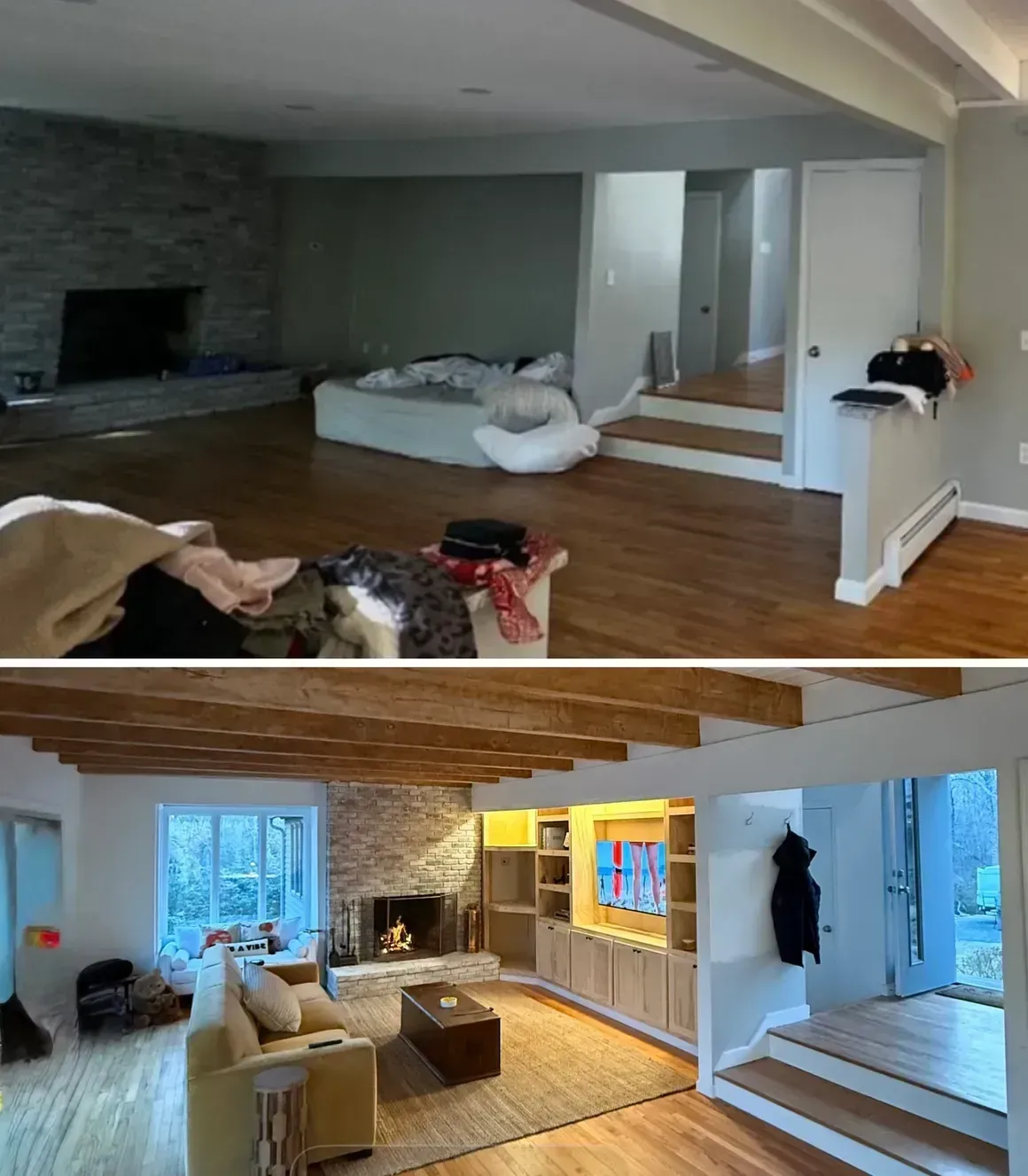 Split view of a living room renovation: unfinished upstairs and furnished downstairs with wood floors and sofa.