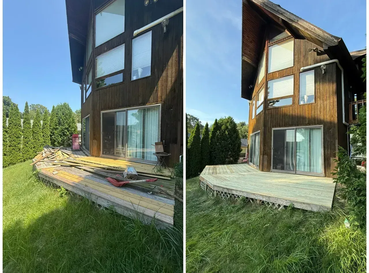 Side-by-side views of a wooden house exterior with large windows, sliding doors, and a grassy yard
