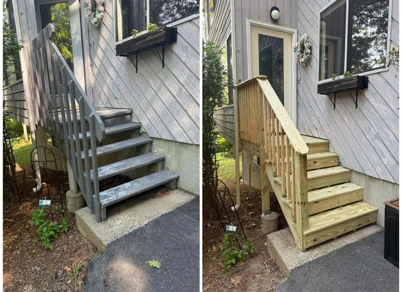 Before-and-after view of a small exterior staircase repainted from gray to light tan beside a house.