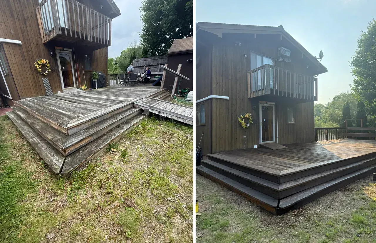 Before-and-after view of a weathered wooden deck showing old steps and a newly updated porch.