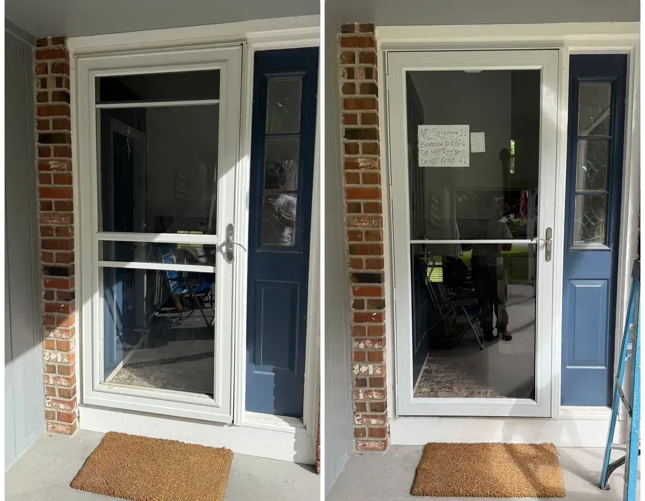 Front porch with a white storm door, blue front door, brick wall, and doormat; one view shows a sign on the glass.