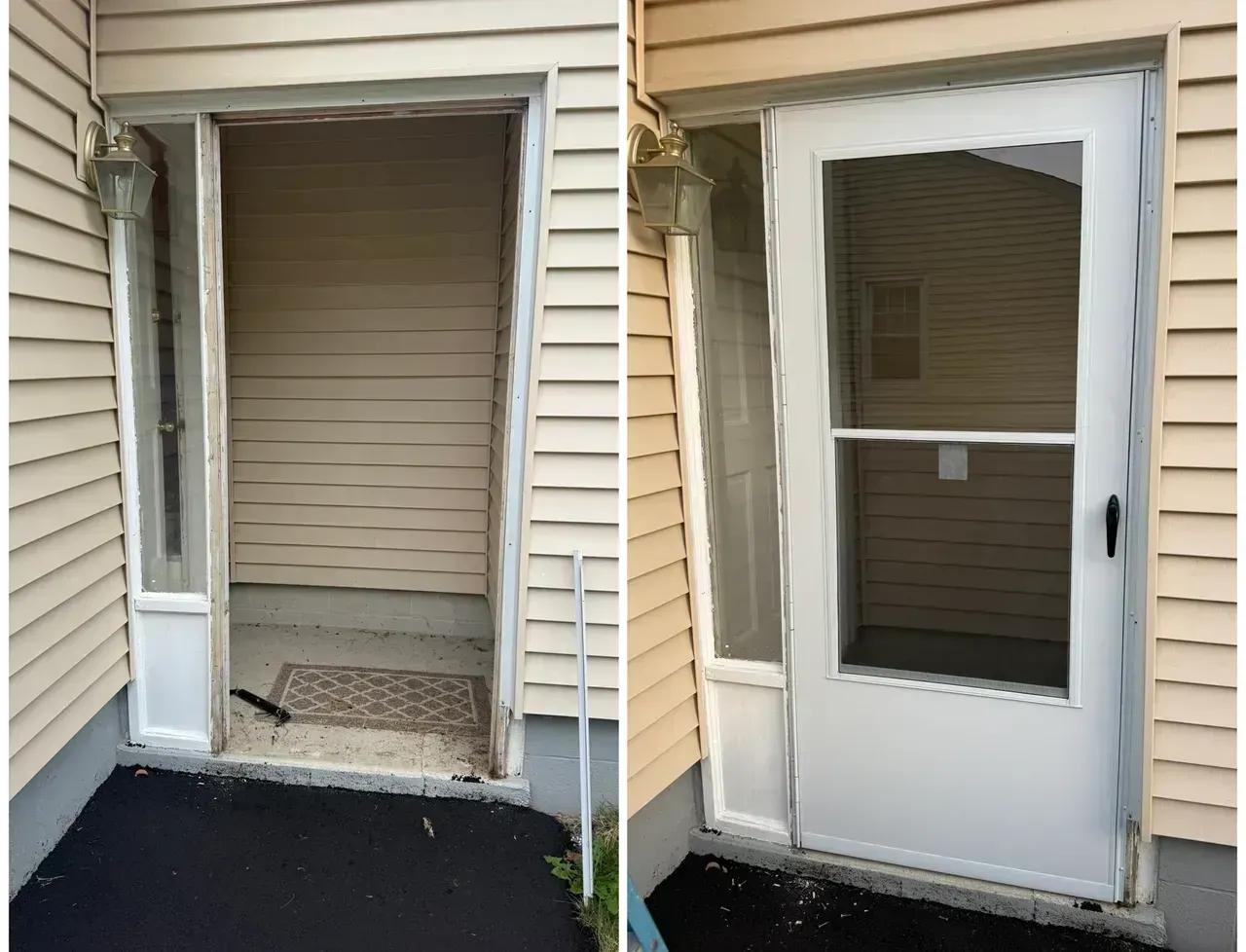 Open doorway to beige-sided house, beside a white storm door with screen and porch mat.
