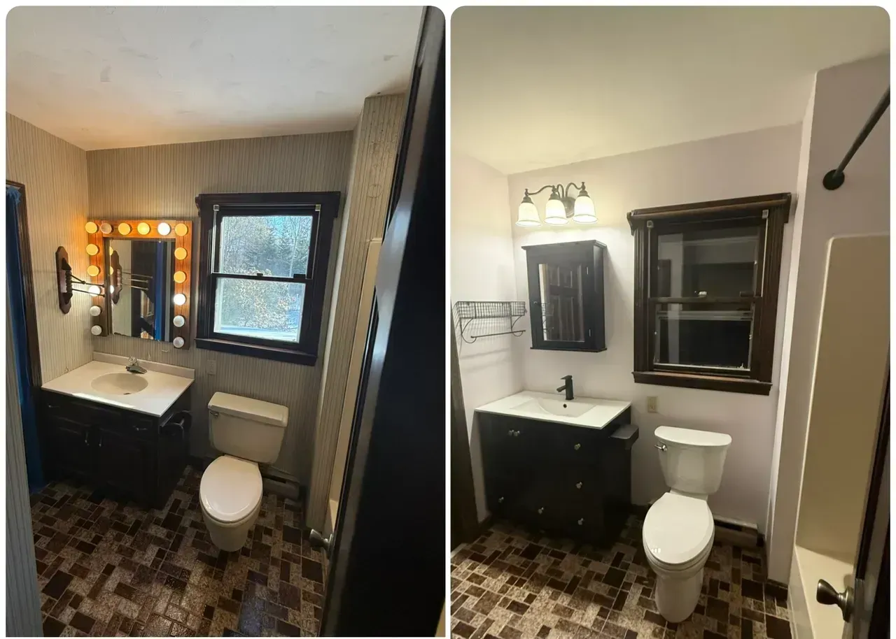 Small bathroom with vanity, toilet, mirror, window, and patterned tile floor; before-and-after side-by-side view