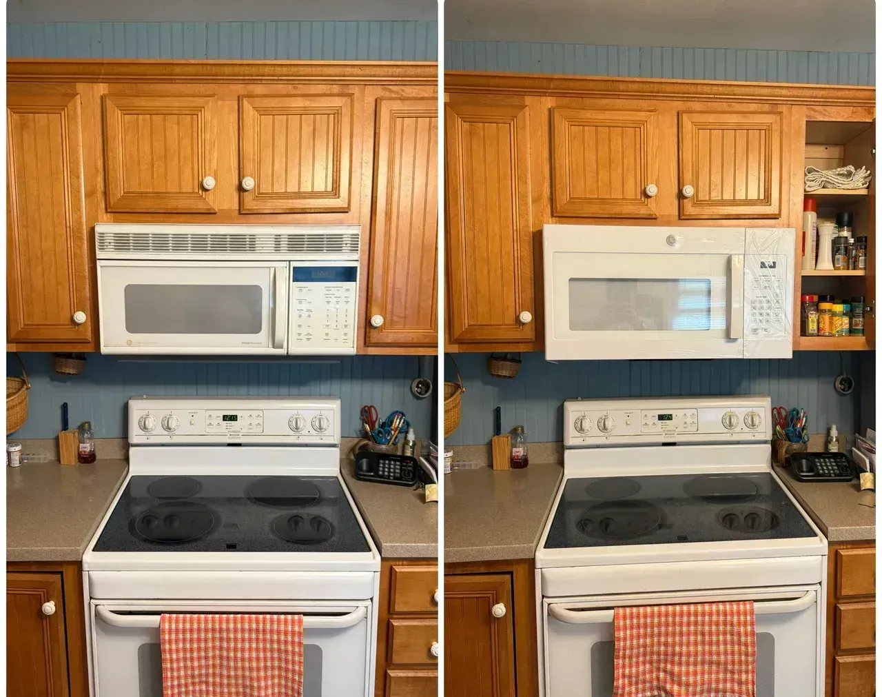 Side-by-side kitchen view showing a microwave swapped from black to white above a stove.