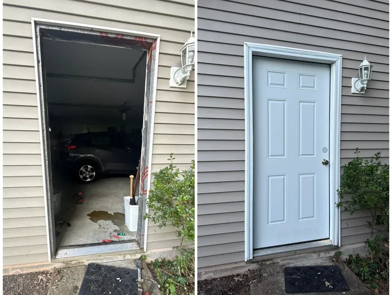 Damaged front door and frame on house, with a car visible inside the garage through the opening