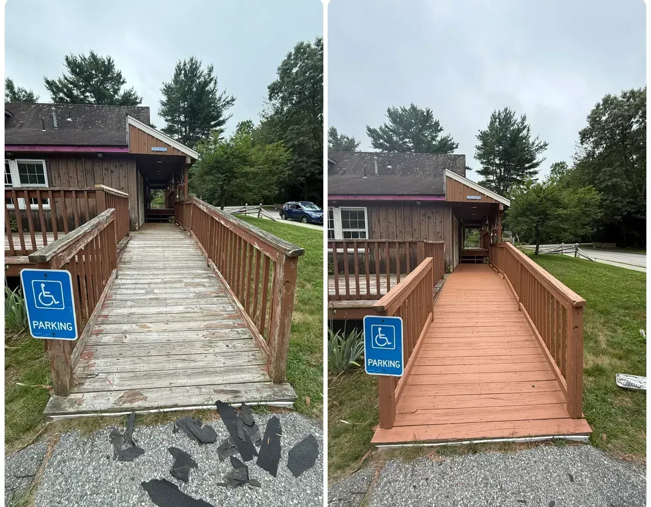 Accessible wooden walkway with railing; before-and-after view of a ramp replacement near a building entrance.