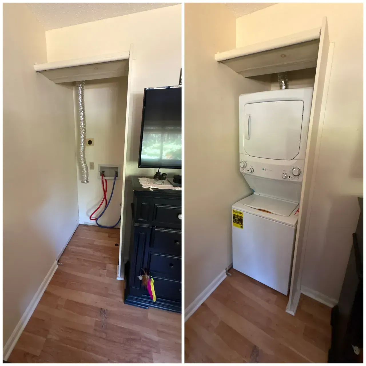 Closet alcove with a stacked washer-dryer unit beside a TV stand and exposed cables in a narrow hallway.