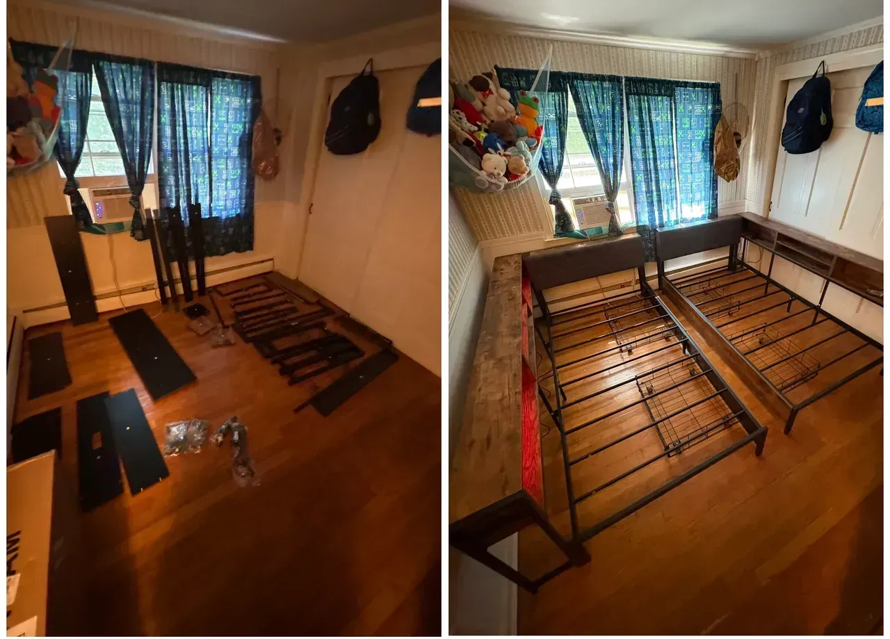 Before-and-after view of a small room: left bare floor, right with beds and a blue-curtained window.