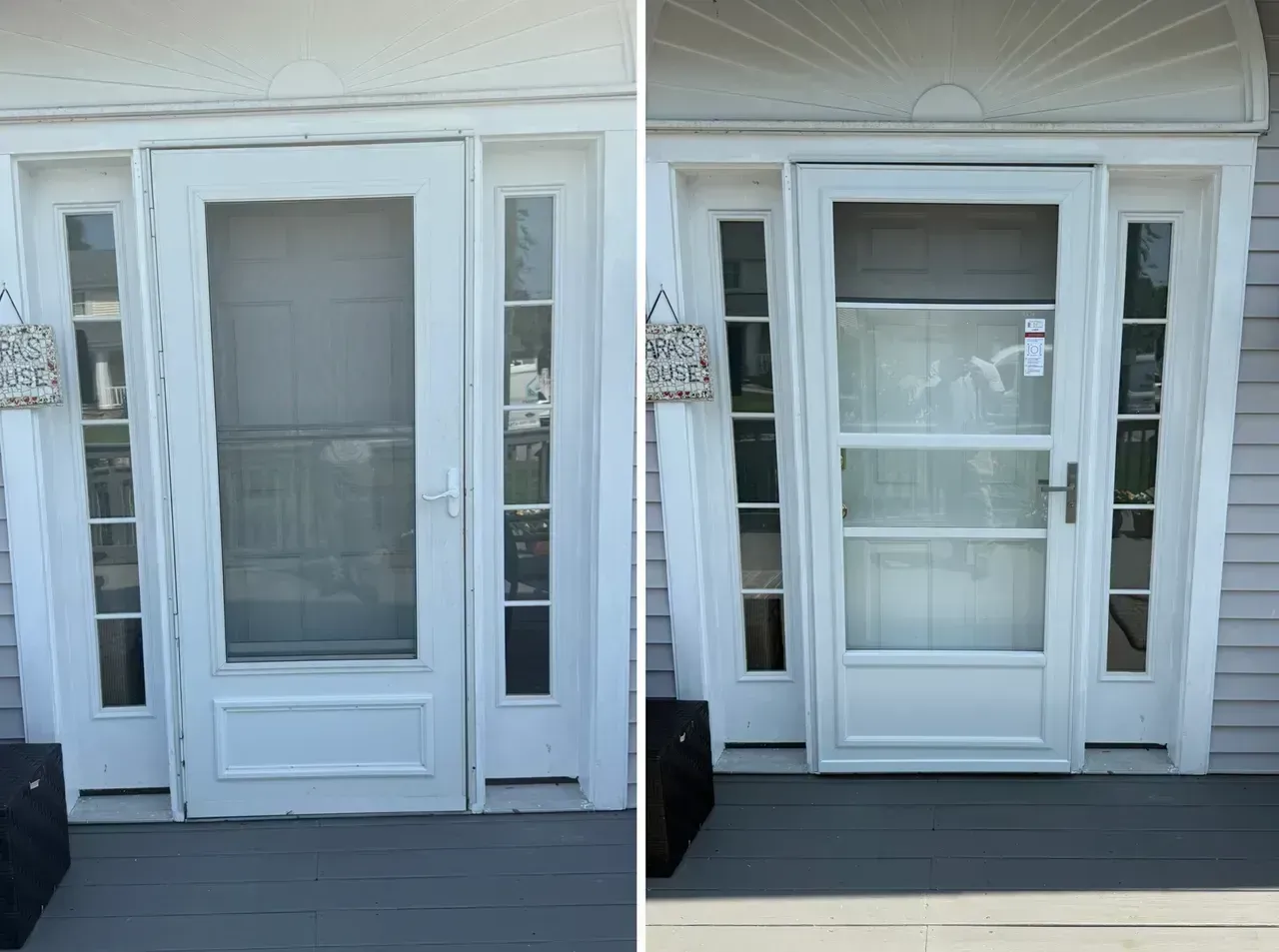 Before-and-after view of a white front door with large glass panes and sidelights on a porch