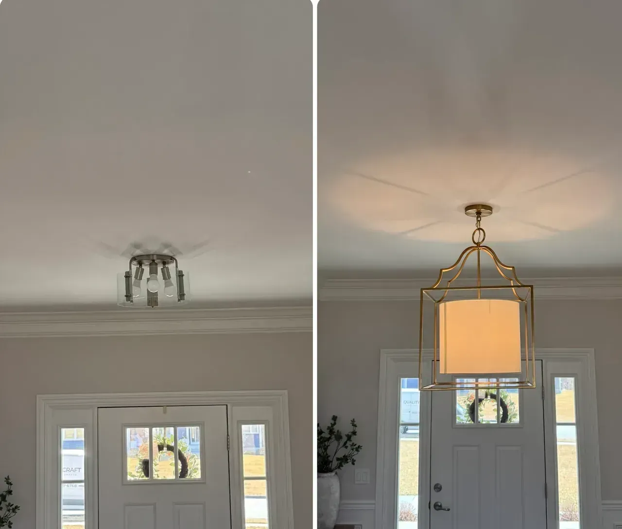 Before and after view of a hallway ceiling light: bare fixture on left, decorative pendant on right.