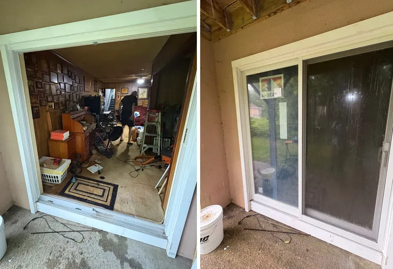 Covered patio with a sliding glass door and view into a cluttered room inside the house