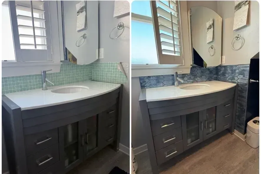 Bathroom vanity before-and-after: dark cabinet and countertop updated from mint tile to blue tile backsplash.