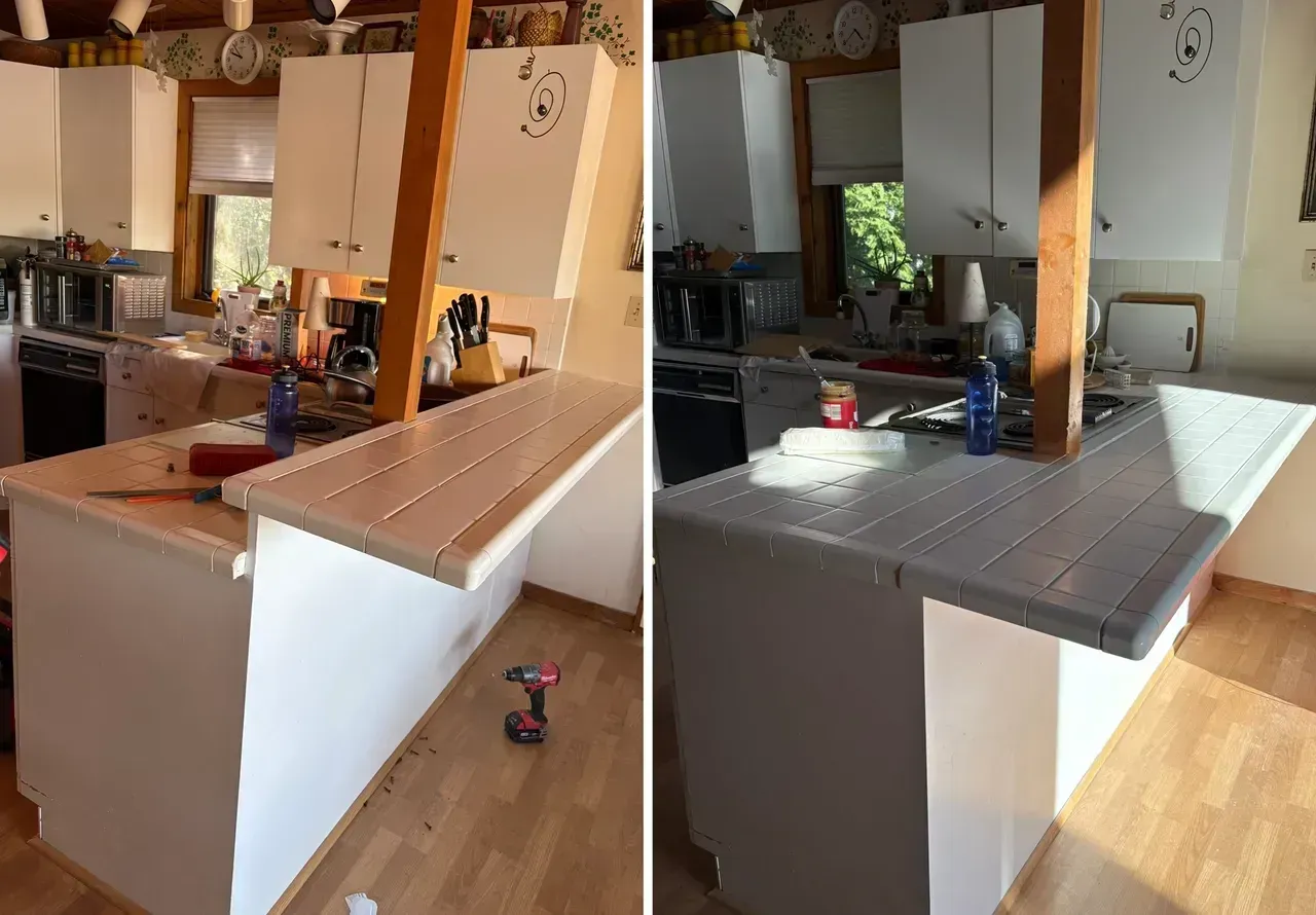 Kitchen island before-and-after: white cabinets and countertop changed to gray tile top with wood support post
