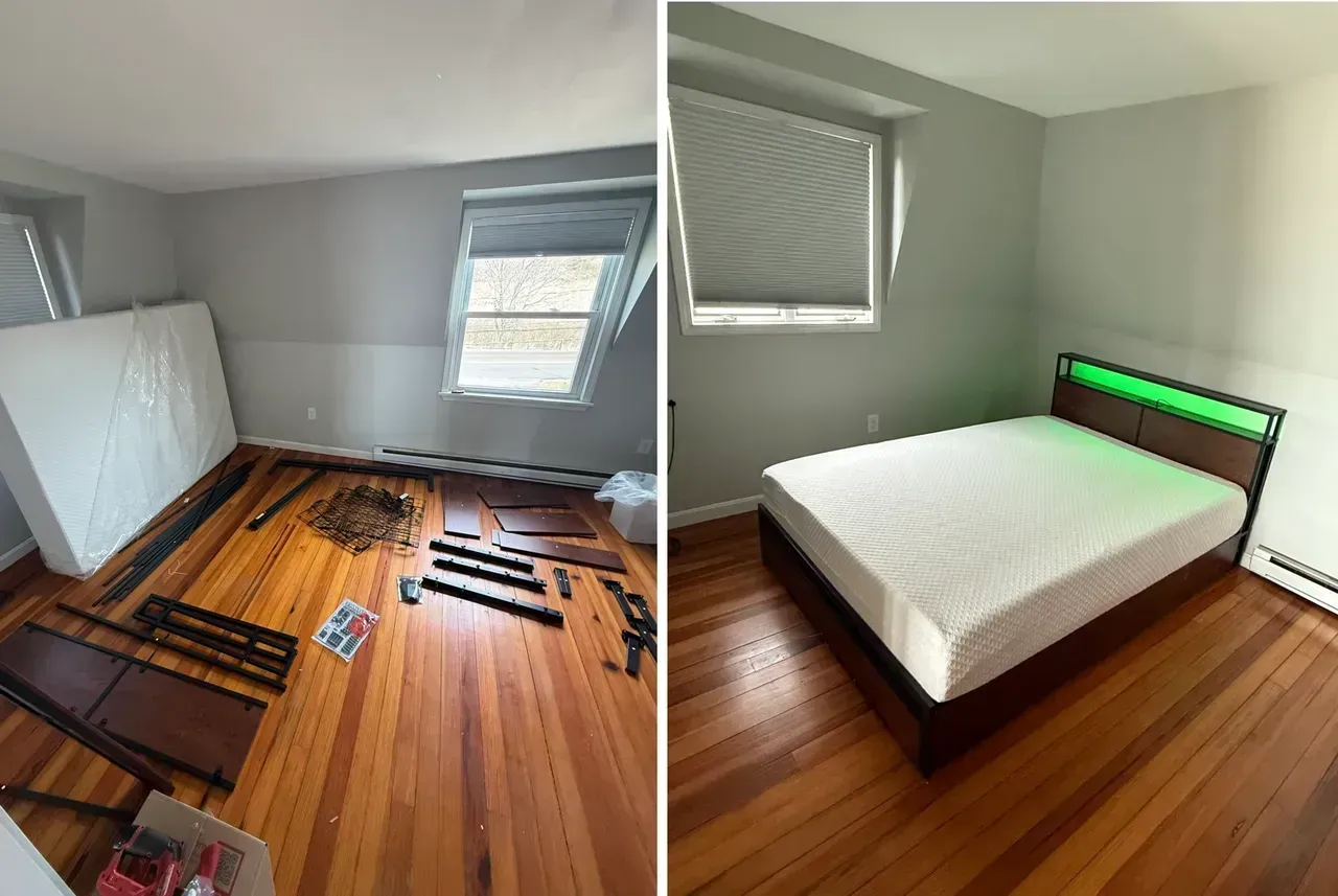 Side-by-side bedroom renovation: empty room with wood floor and bed in a gray bedroom with a green-lit headboard.