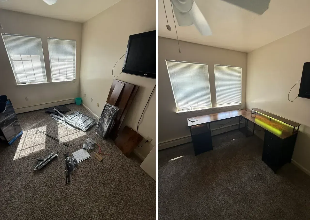 Small bedroom with a TV, window blinds, dresser, and carpeted floor, shown before and after cleanup