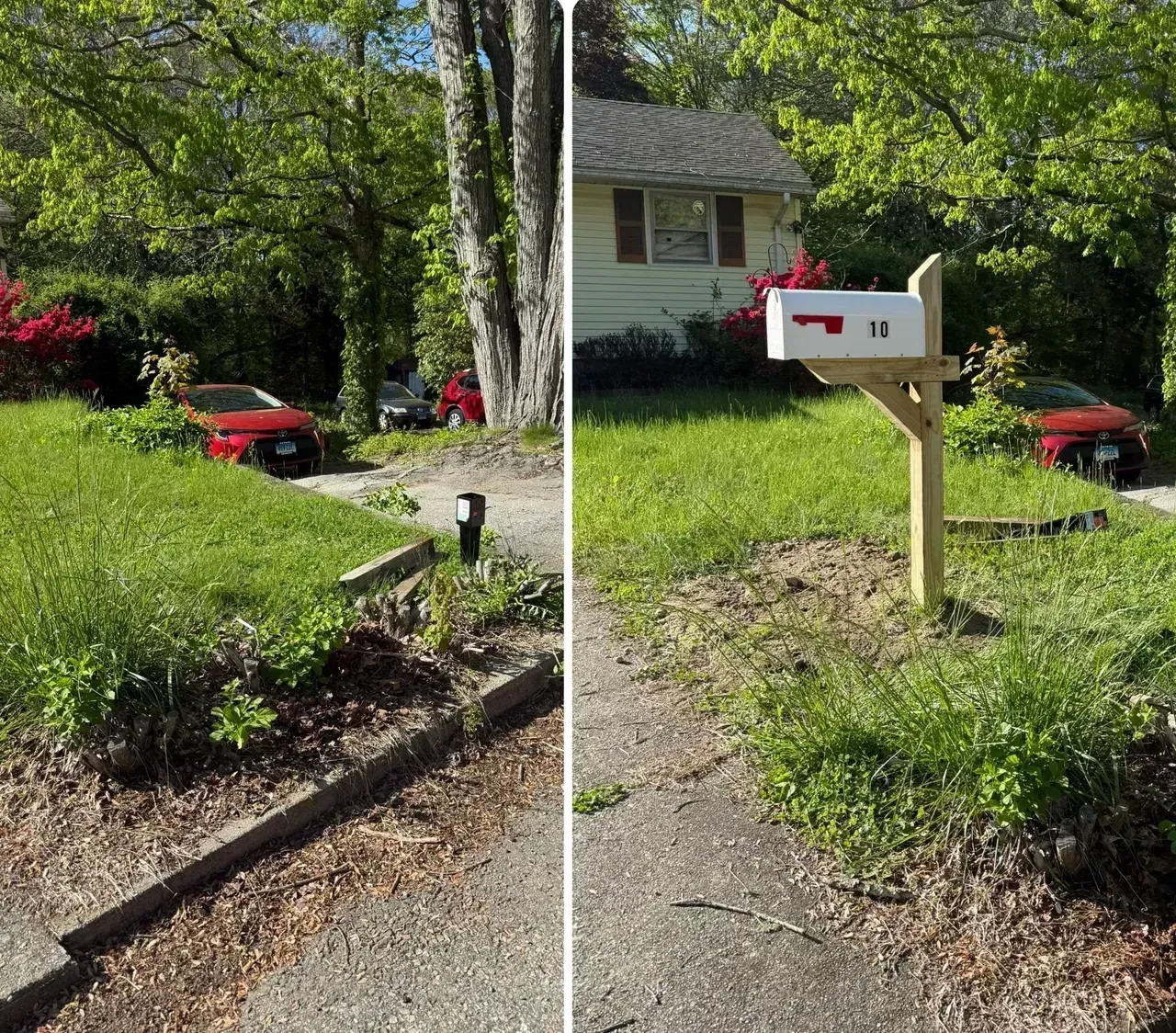 Rural roadside mailbox beside a house, with a red car and green overgrown yard in the background