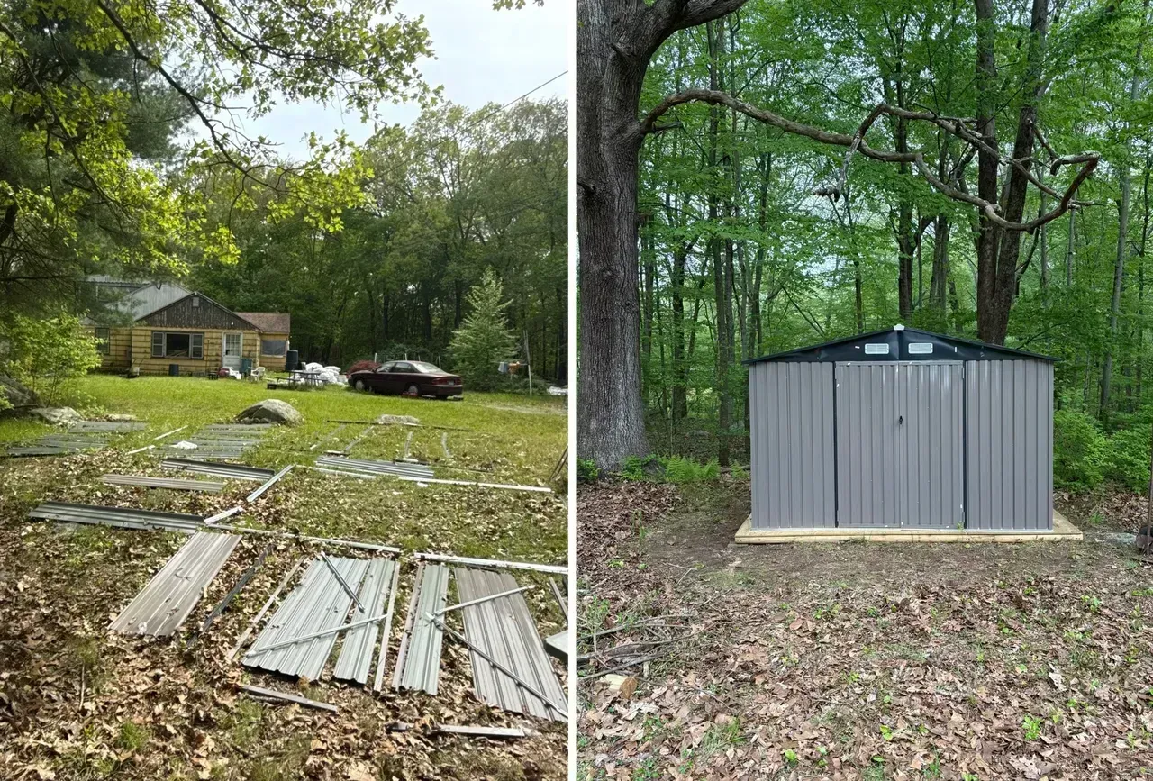 Split view of a yard with a rundown house and debris, and a gray shed in a wooded area