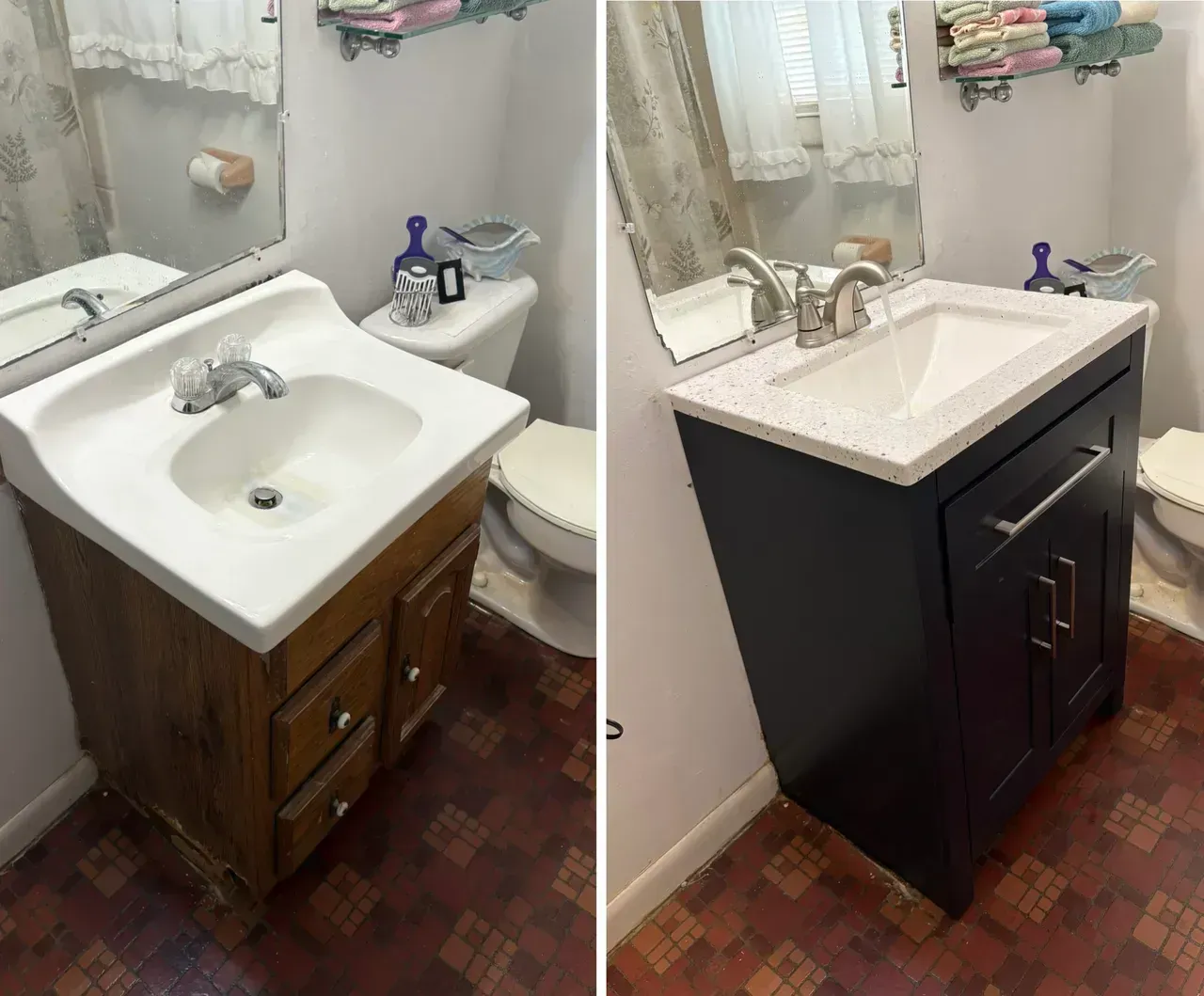 Before-and-after bathroom vanity: old wood cabinet replaced with black vanity and white sink.
