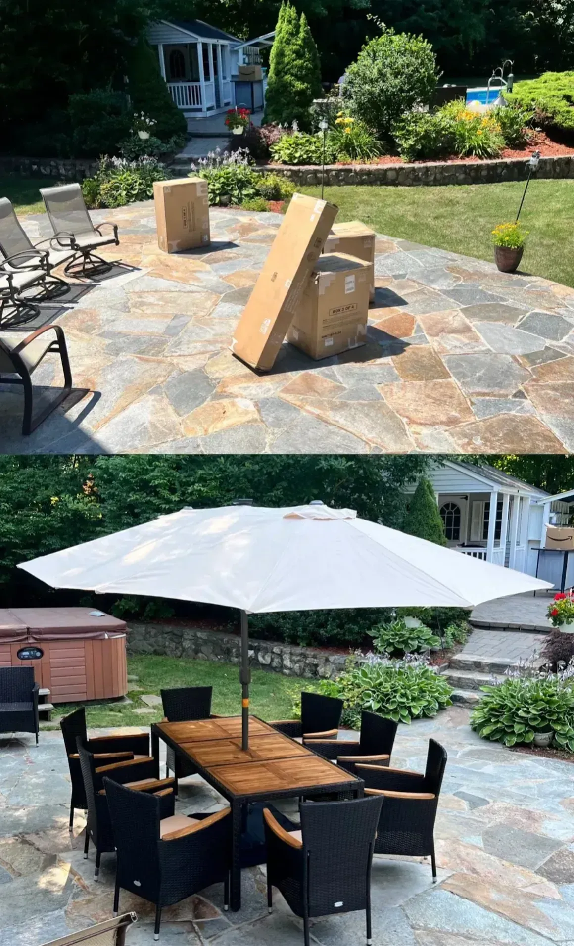 Outdoor patio with stone paving, folded umbrella, chairs, and a wooden dining table in a backyard garden