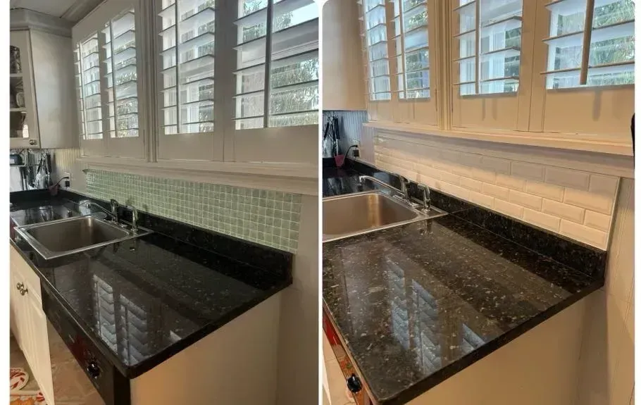 Side-by-side kitchen countertop before-and-after: green tile replaced with light beige tile and black granite.