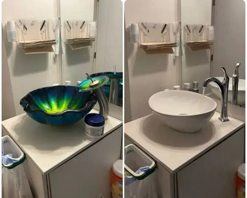 Bathroom sink before-and-after: iridescent bowl replaced by plain white basin on white vanity.