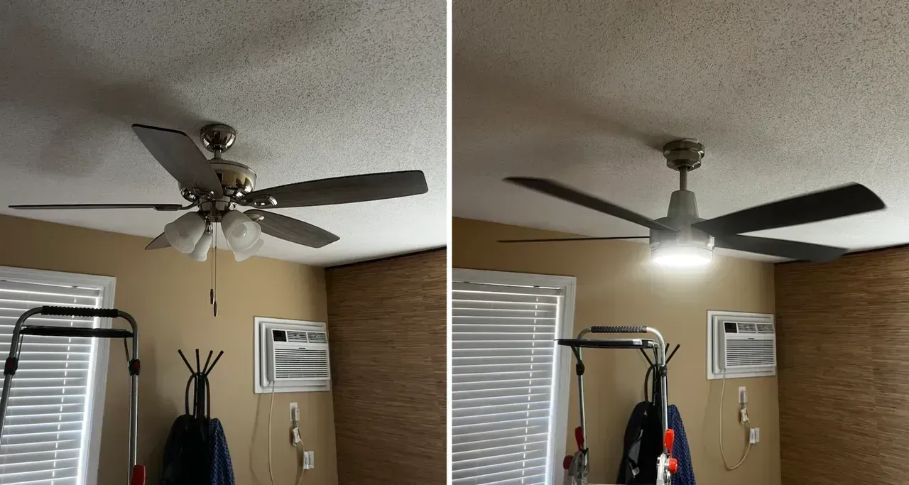 Side-by-side room photos showing a ceiling fan with blades appearing differently under varying light.