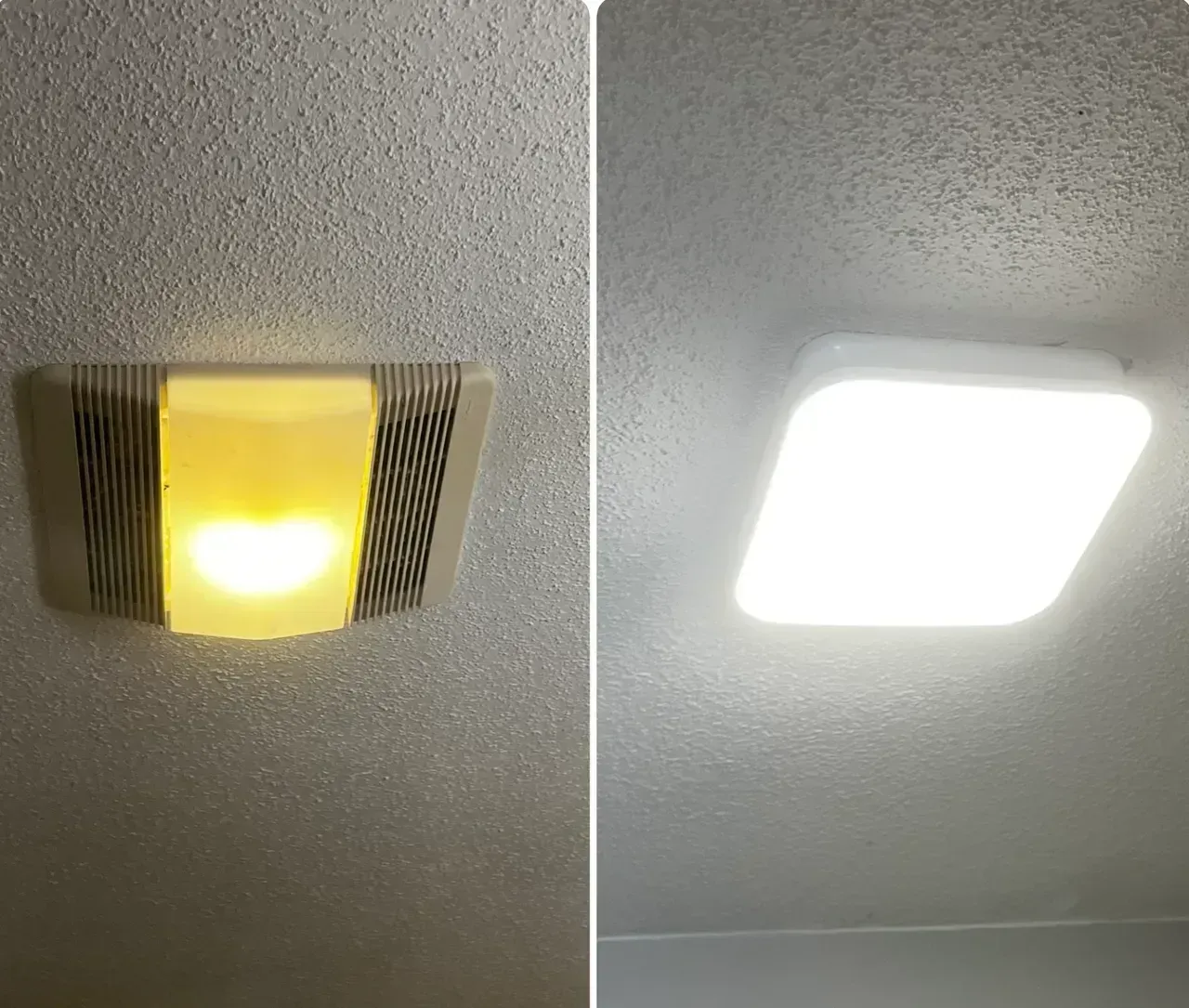Ceiling light fixture shown off on the left and brightly on the right against a textured ceiling