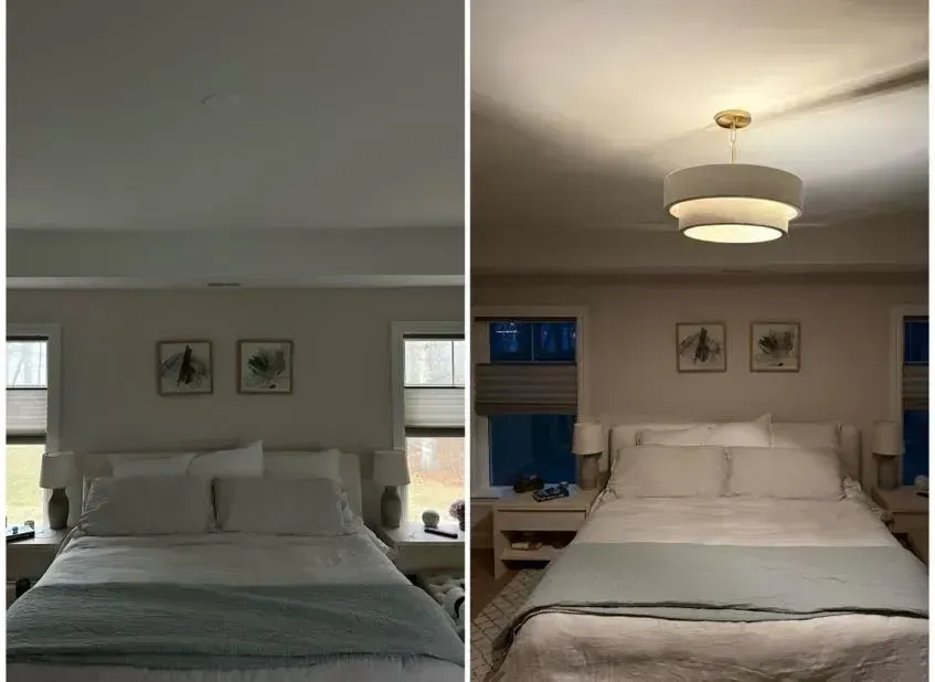 Split-screen bedroom before and after: dim gray bed, then bright white bedding and warm ceiling light.