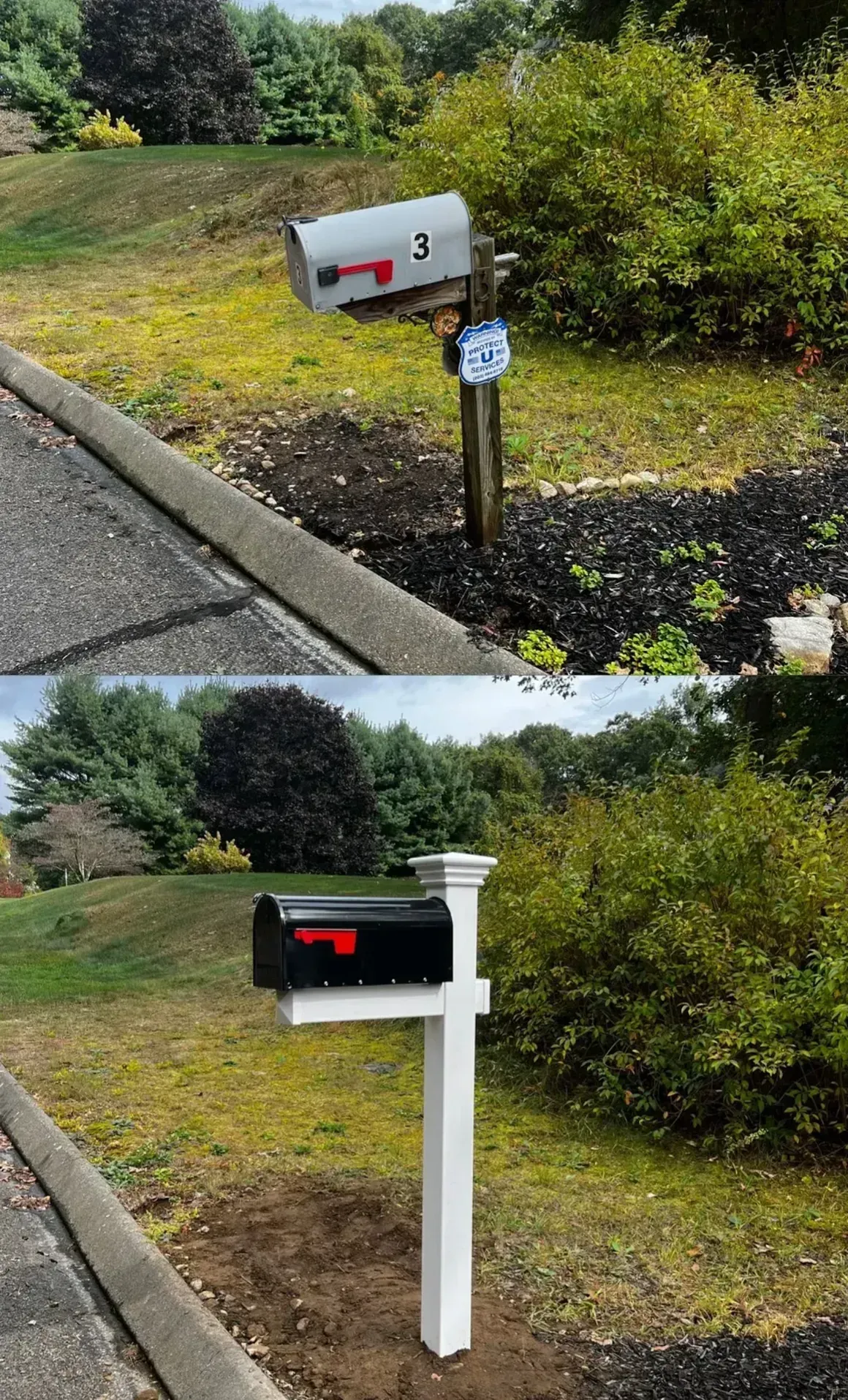 Split image of a mailbox before and after replacement, showing a damaged white mailbox and a new black one on a white post.