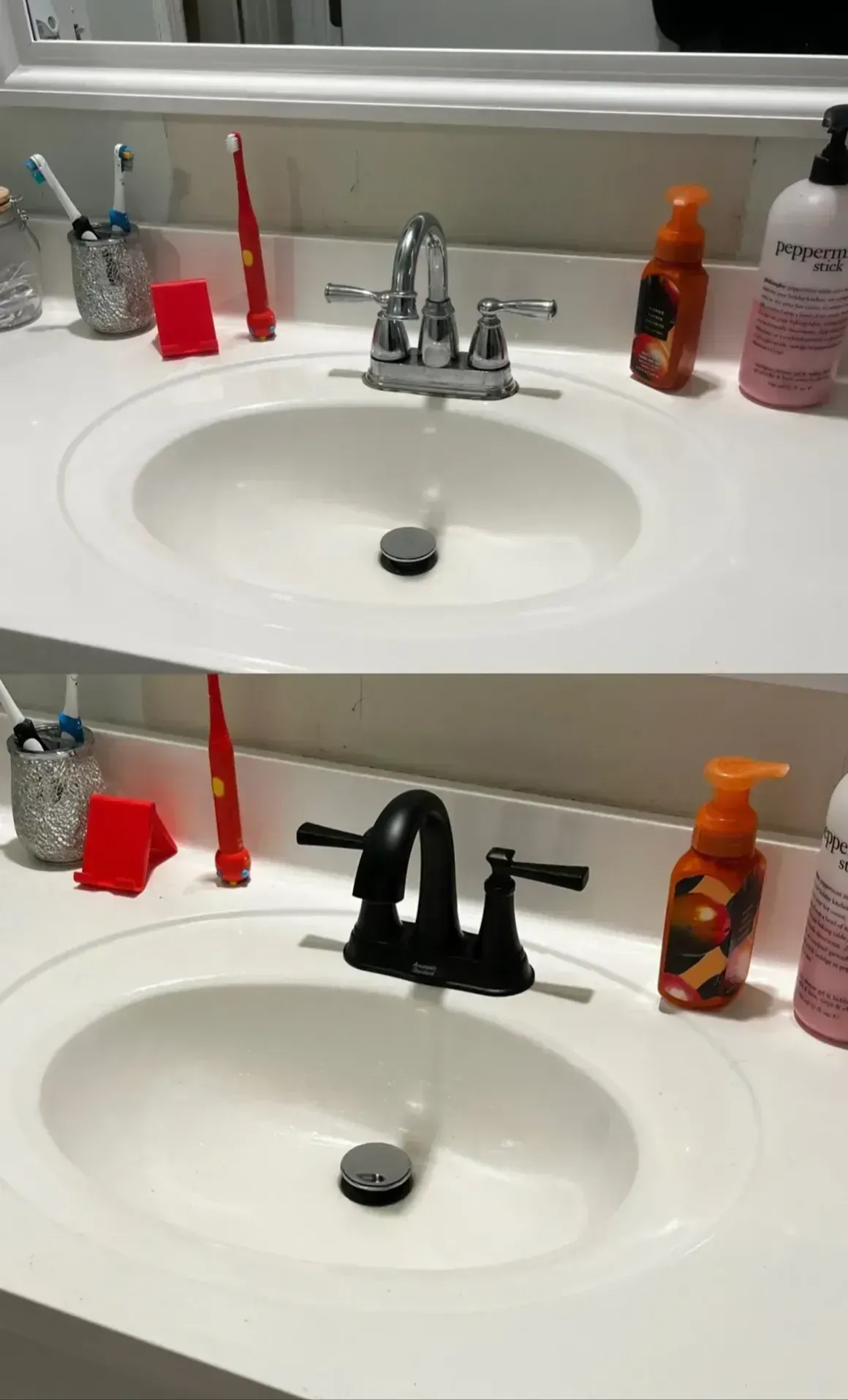 Before-and-after bathroom sink photos showing a faucet changed from chrome to black.