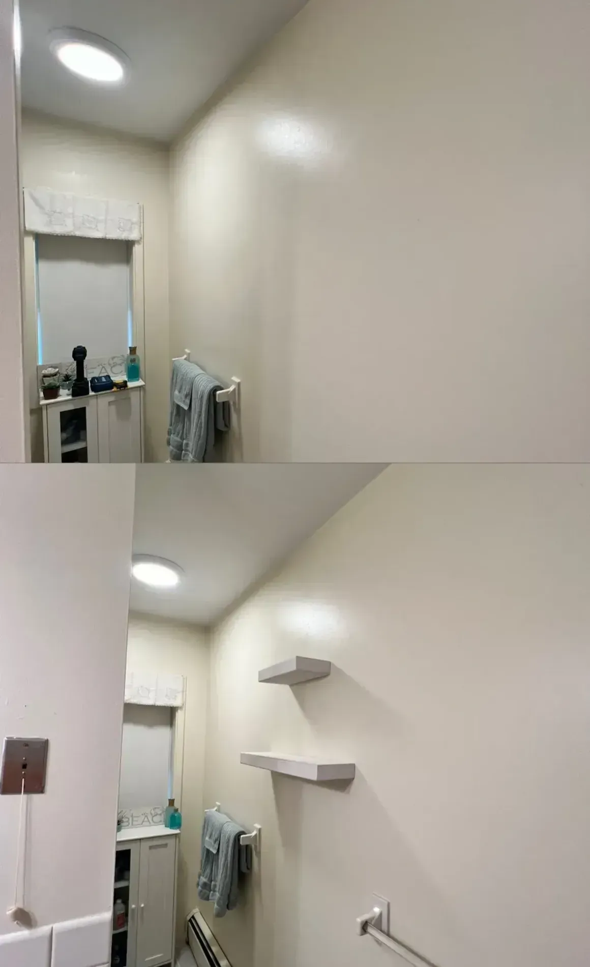 Narrow bathroom with white walls, towel racks, mirror, sink, and two wall shelves.