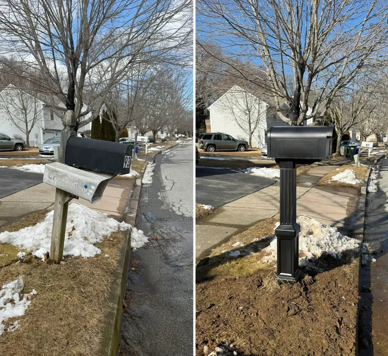 Mailbox before-and-after replacement on a snowy suburban street, showing a damaged post and a new black mailbox.