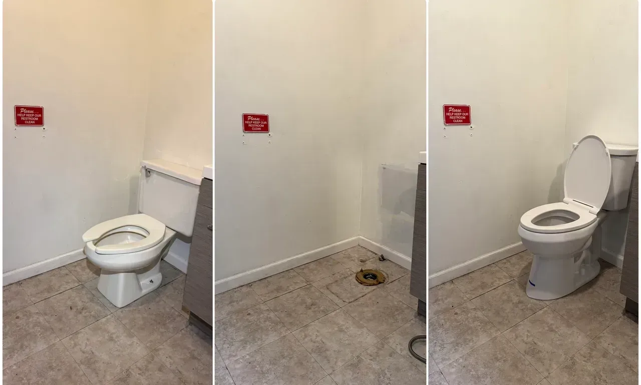 Accessible bathroom stall with toilet before and after install, showing a toilet on a tiled floor.