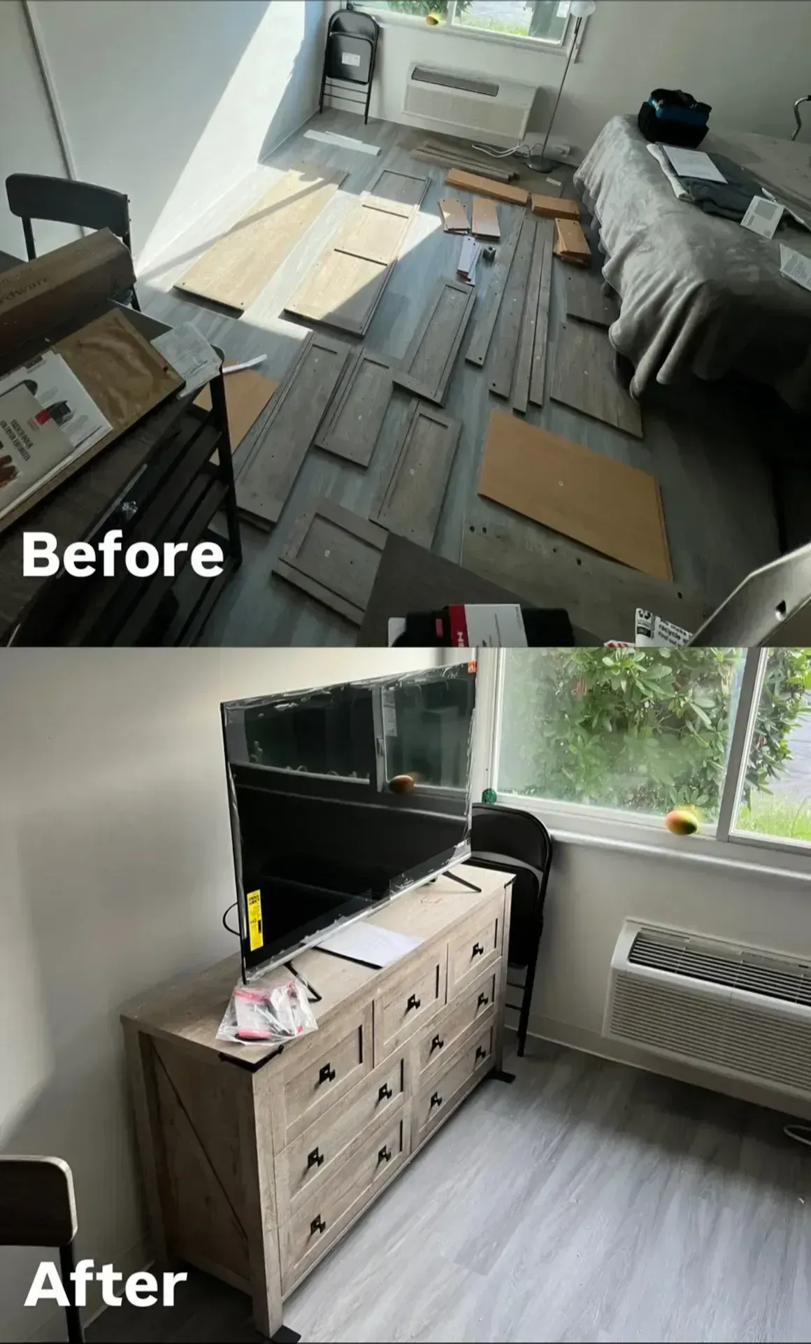 Before-and-after view of a living room: carpet tiles removed, then a TV console and light flooring installed.