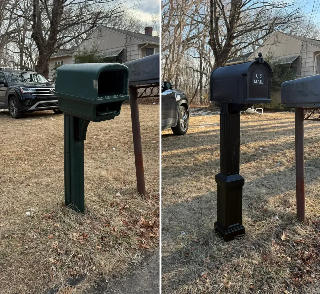 Two side-by-side views of a dark green mailbox on a post in a yard with leafless trees and parked cars.
