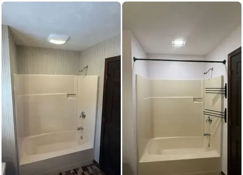 Side-by-side bathroom before-and-after with a bathtub, glass shower panel, and added chrome grab bars.