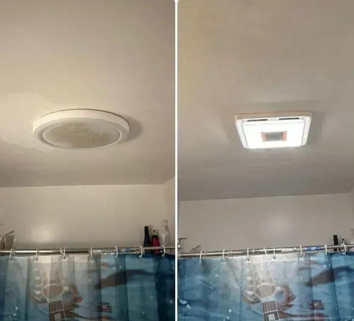 Ceiling light fixture comparison: old round light on left, bright square LED on right, above blue shower curtain