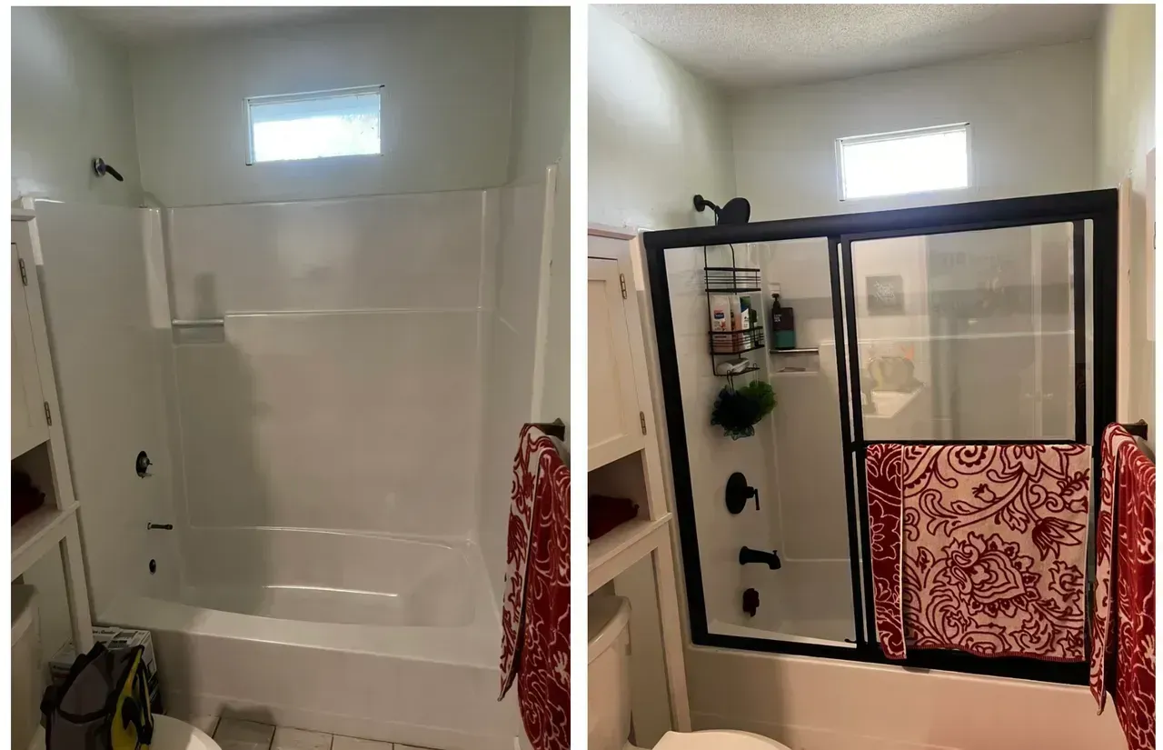 Before-and-after bathroom shower with a white tub, tiled walls, and a black-framed glass enclosure with red towel.