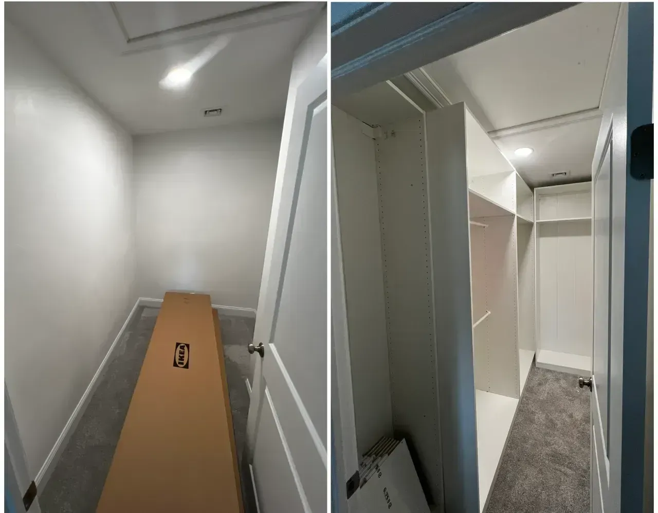 Narrow white closet or hallway with carpet, shelves, and a long cardboard box on the floor.