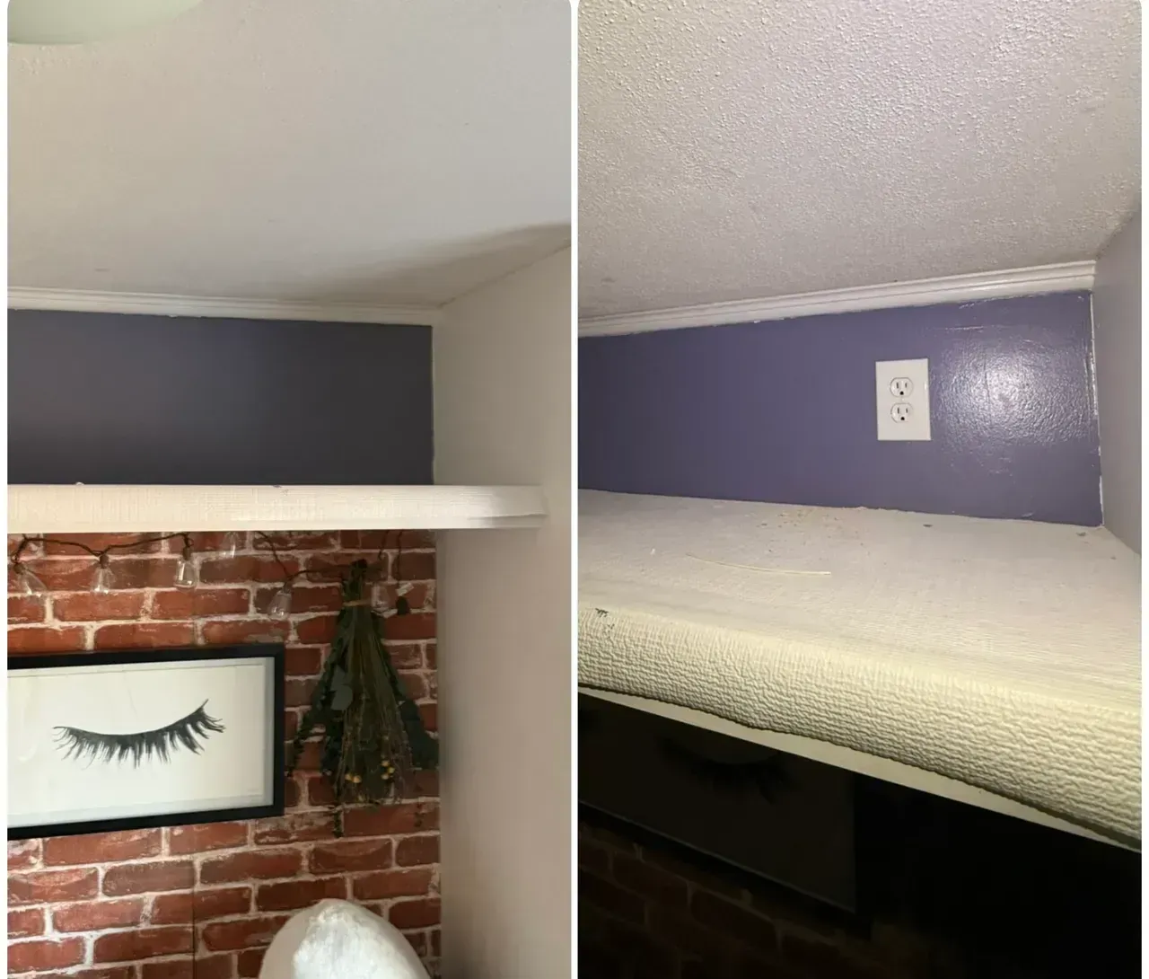 Close-up of a wall shelf in a purple-and-white room, with a brick accent wall and framed eyelash art below.