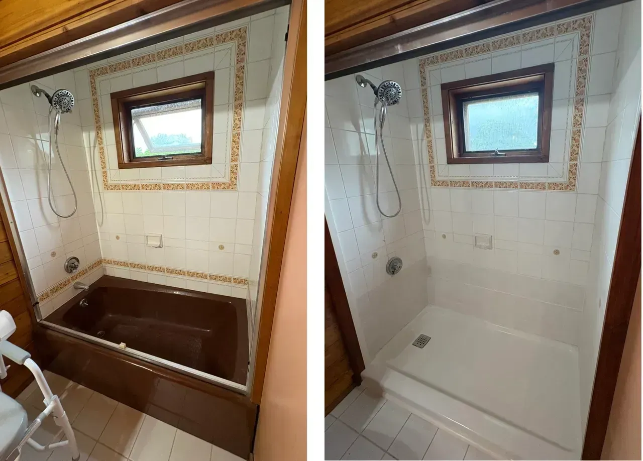 Bathroom shower before-and-after: brown tiled tub converted to a white walk-in shower.