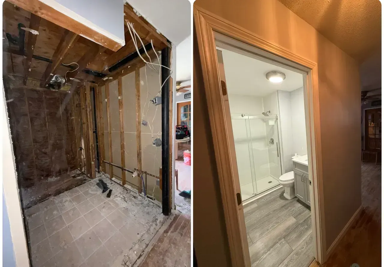 Side-by-side bathroom renovation photos: exposed studs and pipes, and a finished bathroom with white tile and vanity.