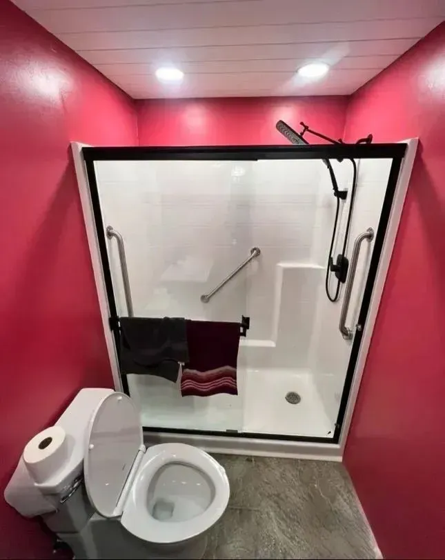 Accessible bathroom with toilet beside a shower stall, red walls, and a grab bar inside the shower