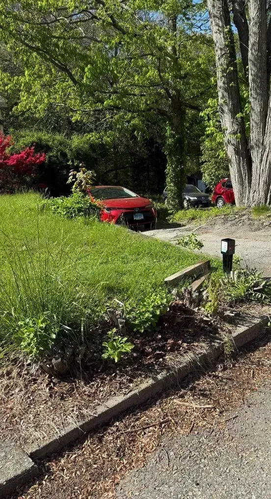 Red car parked in a grassy garden near tall trees and a gravel driveway.