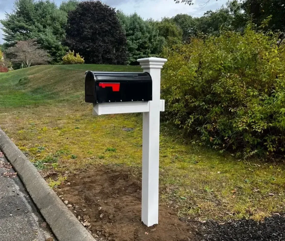 Black mailbox on a white post by a curb beside a grassy roadside