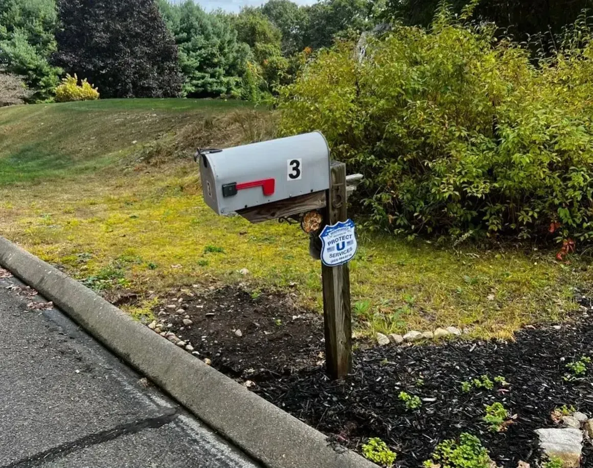 Gray mailbox with red flag and number 3 beside a curb in a grassy yard