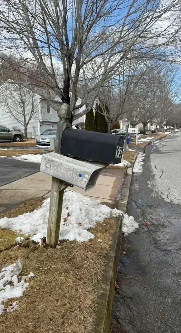 Mailbox on a snow-lined suburban street beside a curb and bare trees.