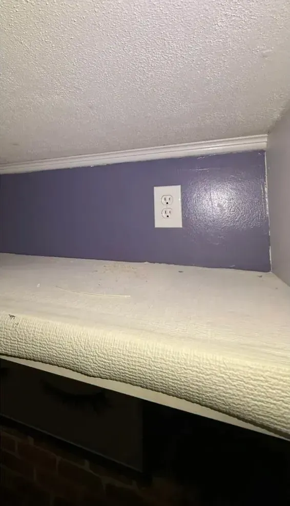 Purple wall with a white electrical outlet above a white shelf or ledge beneath a textured ceiling